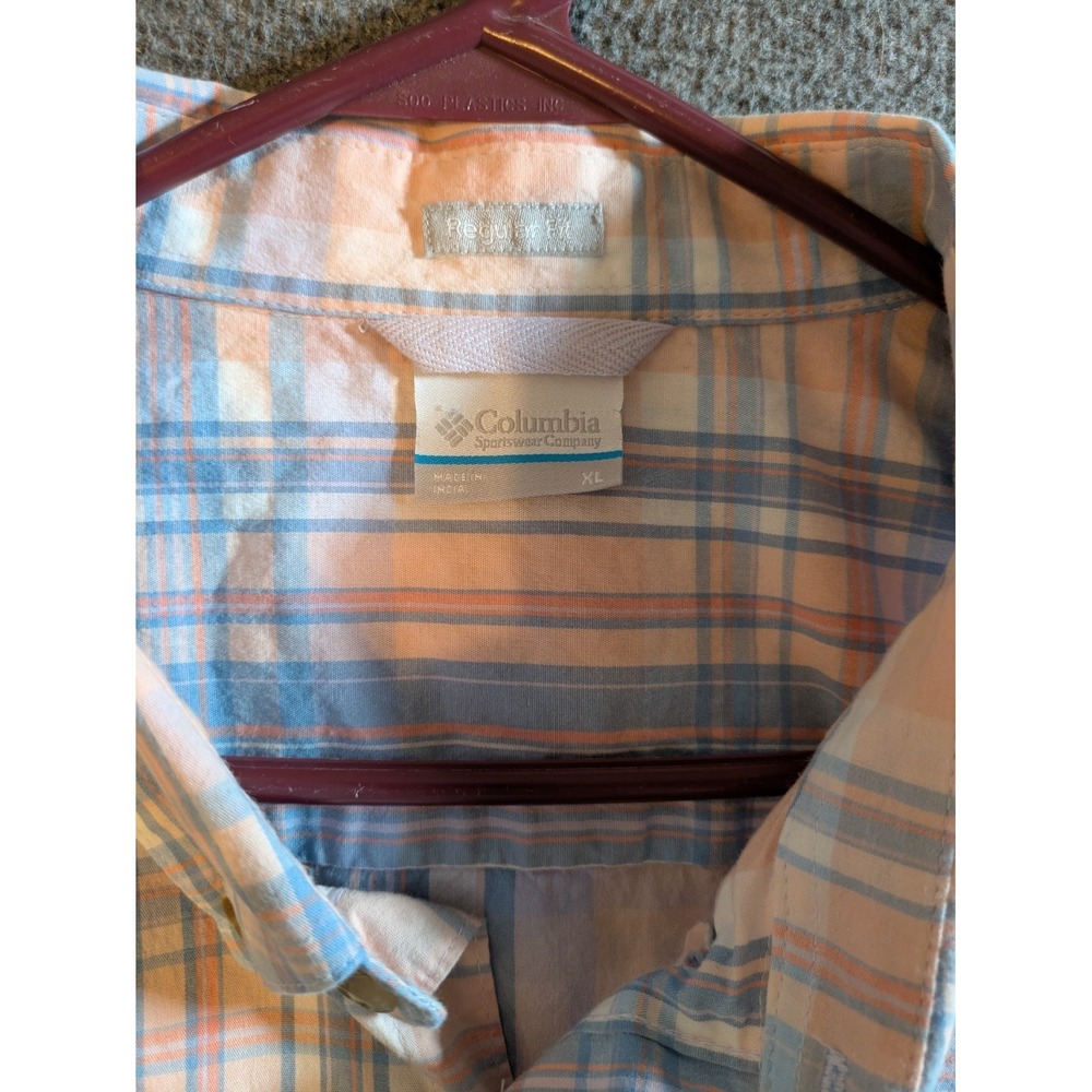 Columbia Shirt Mens Sz XL Peach & Blue Plaid Short Sleeve Button Down - Picture 7 of 11